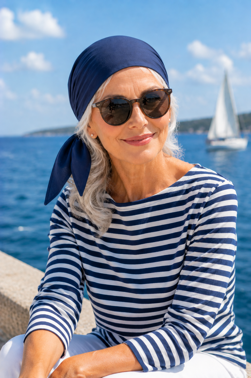 Lächelnde ältere Frau mit Sonnenbrille trägt ein marineblaues Bandana Kopftuch mit zwei schmalen Bändern vor maritimer Kulisse am Meer