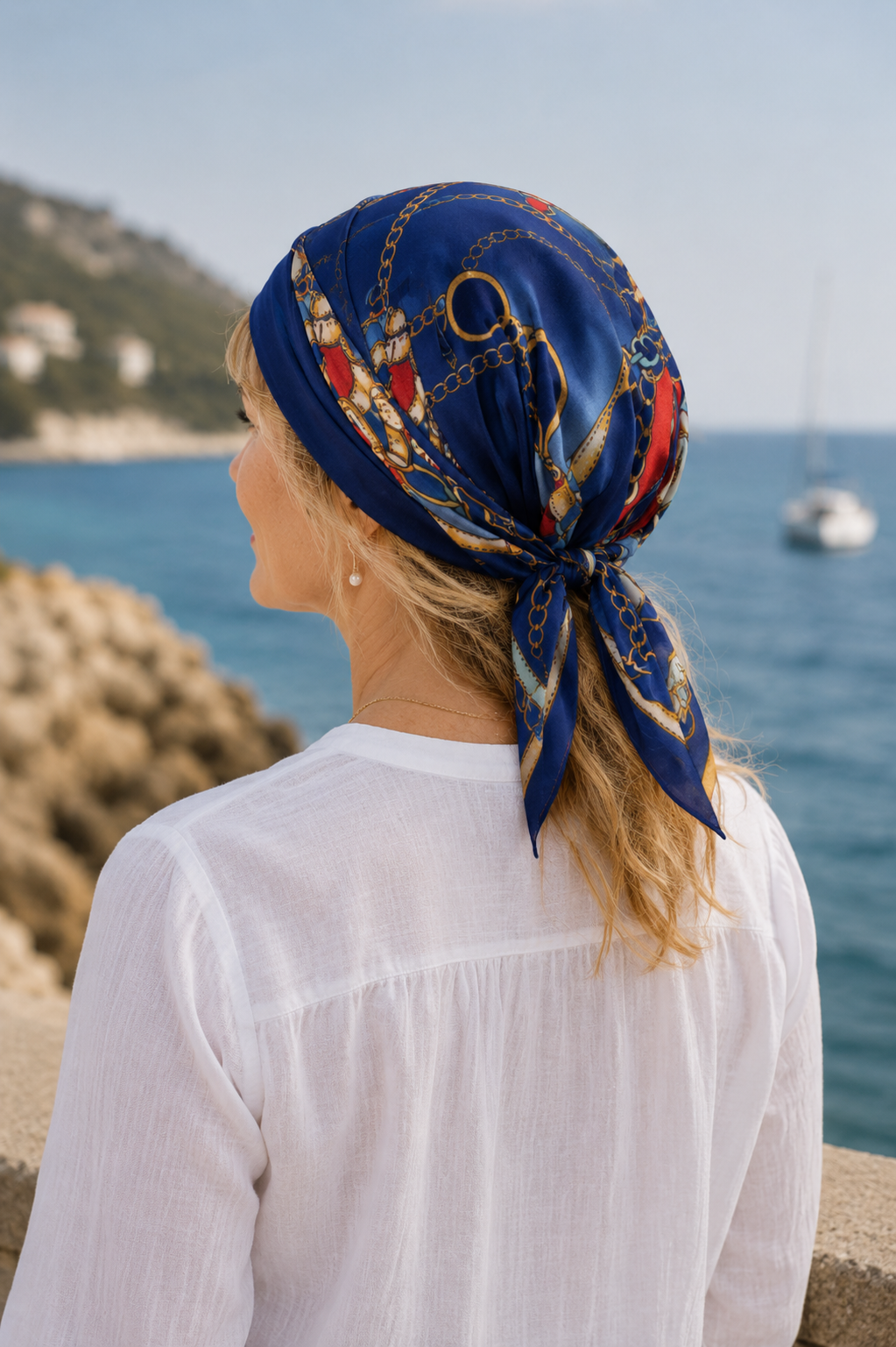Rückansicht einer Frau mit weißer Bluse und maritimem Kopftuch in Marineblau mit dekorativem Bindebändern