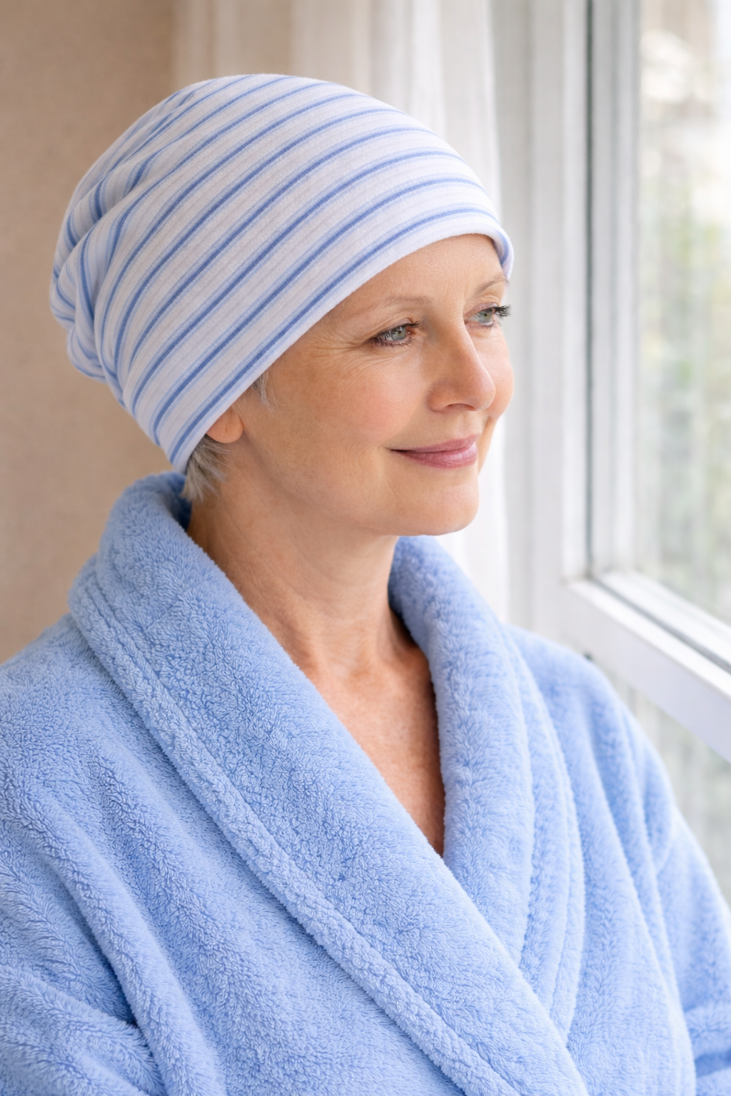 Nachtmütze für Damen  bequeme Schlafmütze ohne störende Nähte, getragen von reifer Frau im Bademantel