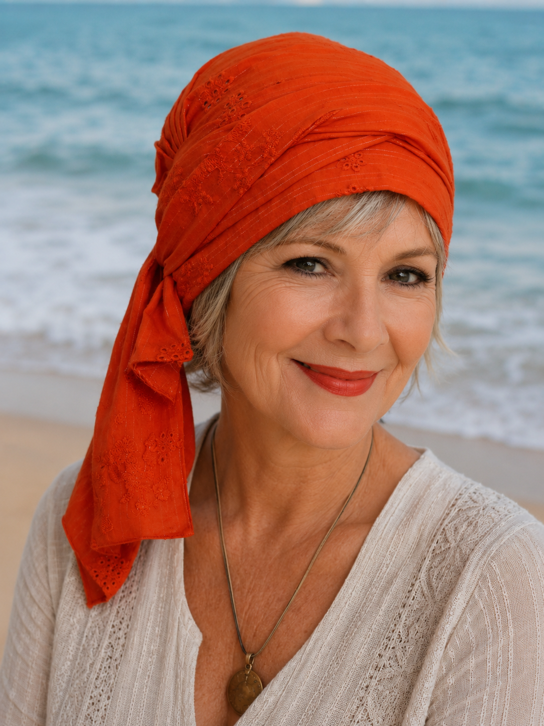 Lächelnde ältere Frau mit kurzem grauem Haar trägt ein orangefarbenes Bandana-Tuch am Strand. Stilvolle und leichte Kopfbedeckung für Damen im Sommer.