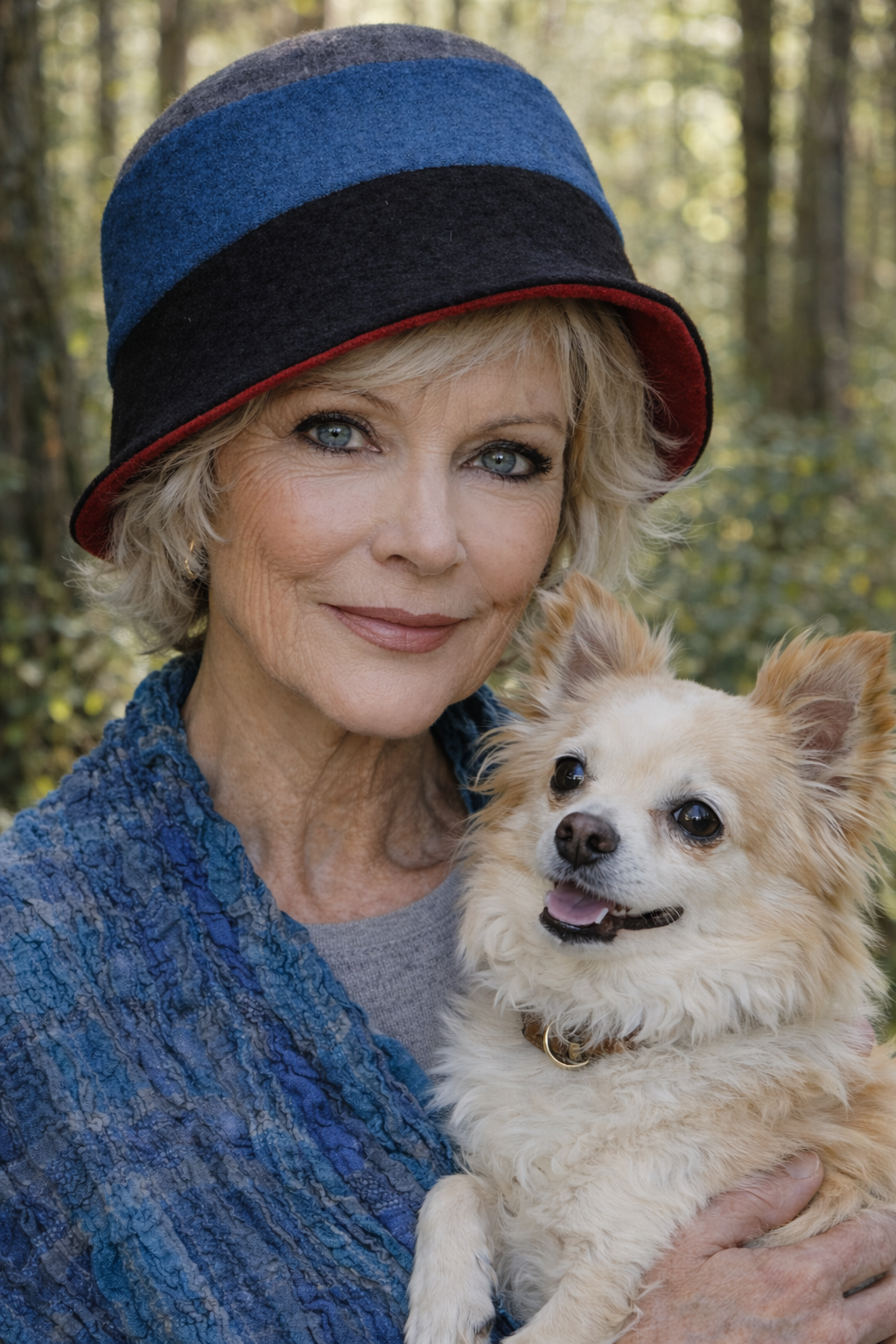 Frau trägt einen Filzhut und schaut liebevoll ihren Hund im Wald an