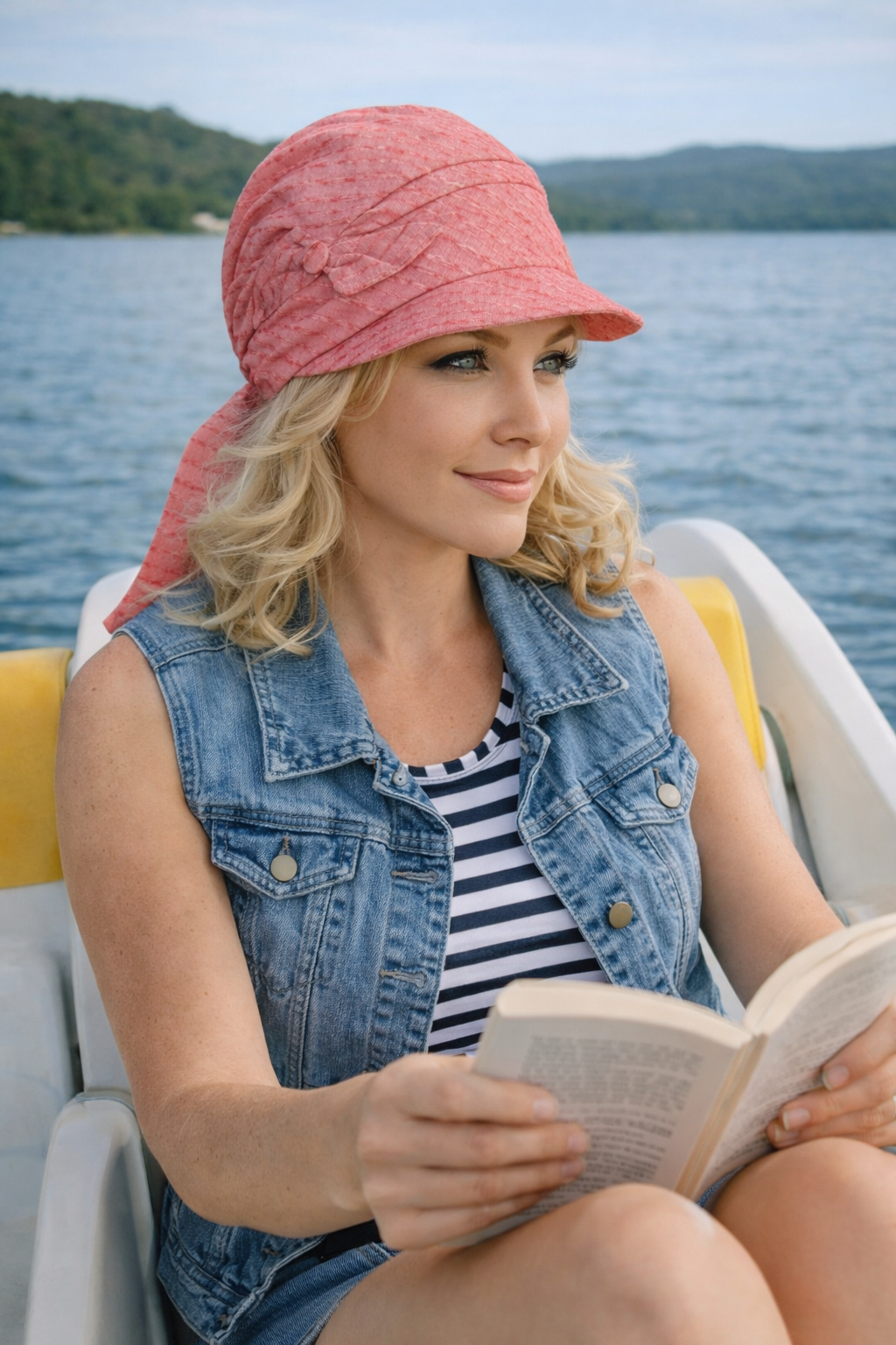 Schirmmütze für Damen, bequem zu tragen, Frau sitzt entspannt auf einem Tretboot im Sommer