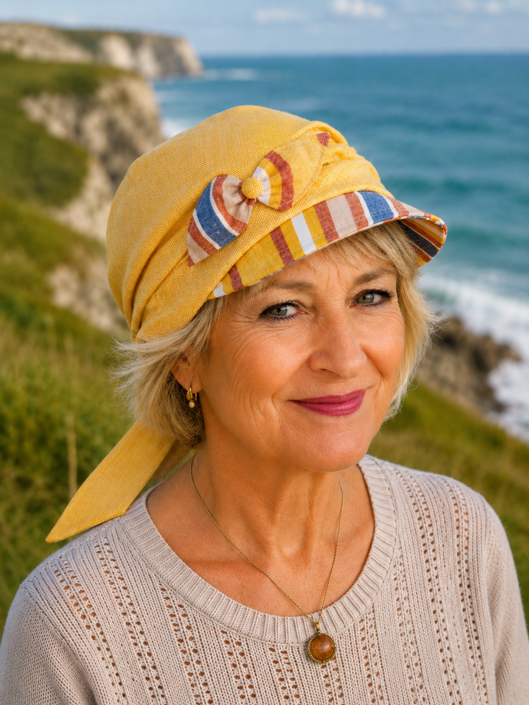 ältere Frau trägt eine golden Summer Schirmmütze mit dekorativer Schleife an einer Steilküste. Leichte und stilvolle Damenkopfbedeckung mit Sonnenschutz für Alltag und Urlaub