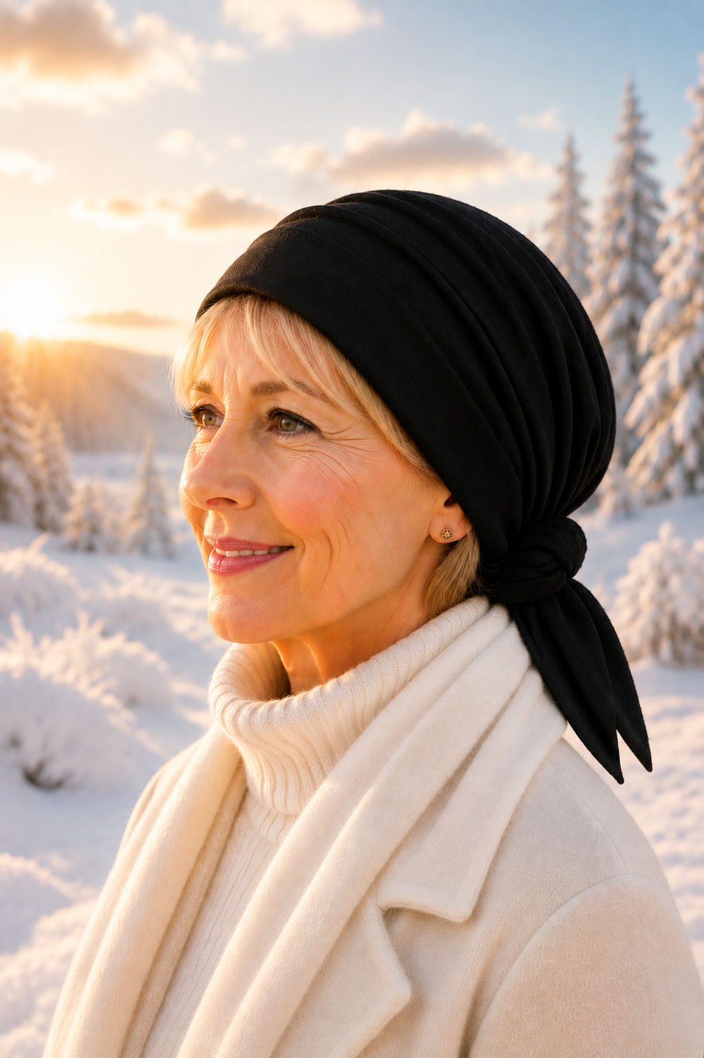 blonde Dame mit schwarzem Turban-Tuch und heller Winterkleidung in sonniger Schneelandschaft. Elegante Damenkopfbedeckung ohne Binden für den Winter.