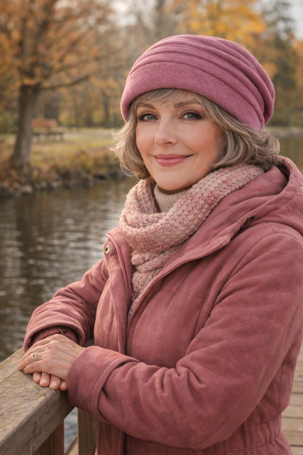 Seniorin trägt eine altrosa Mütze und eine warme Jacke bei einem Spaziergang am Wasser im Herbst
