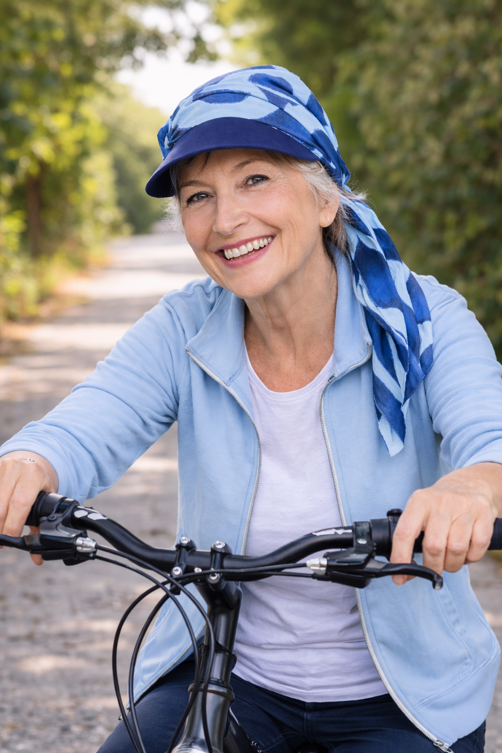 Frau mit Sommer Kopftuch mit Schirm aus leichter Baumwolle und langen Bändern als Sonnenschutz.