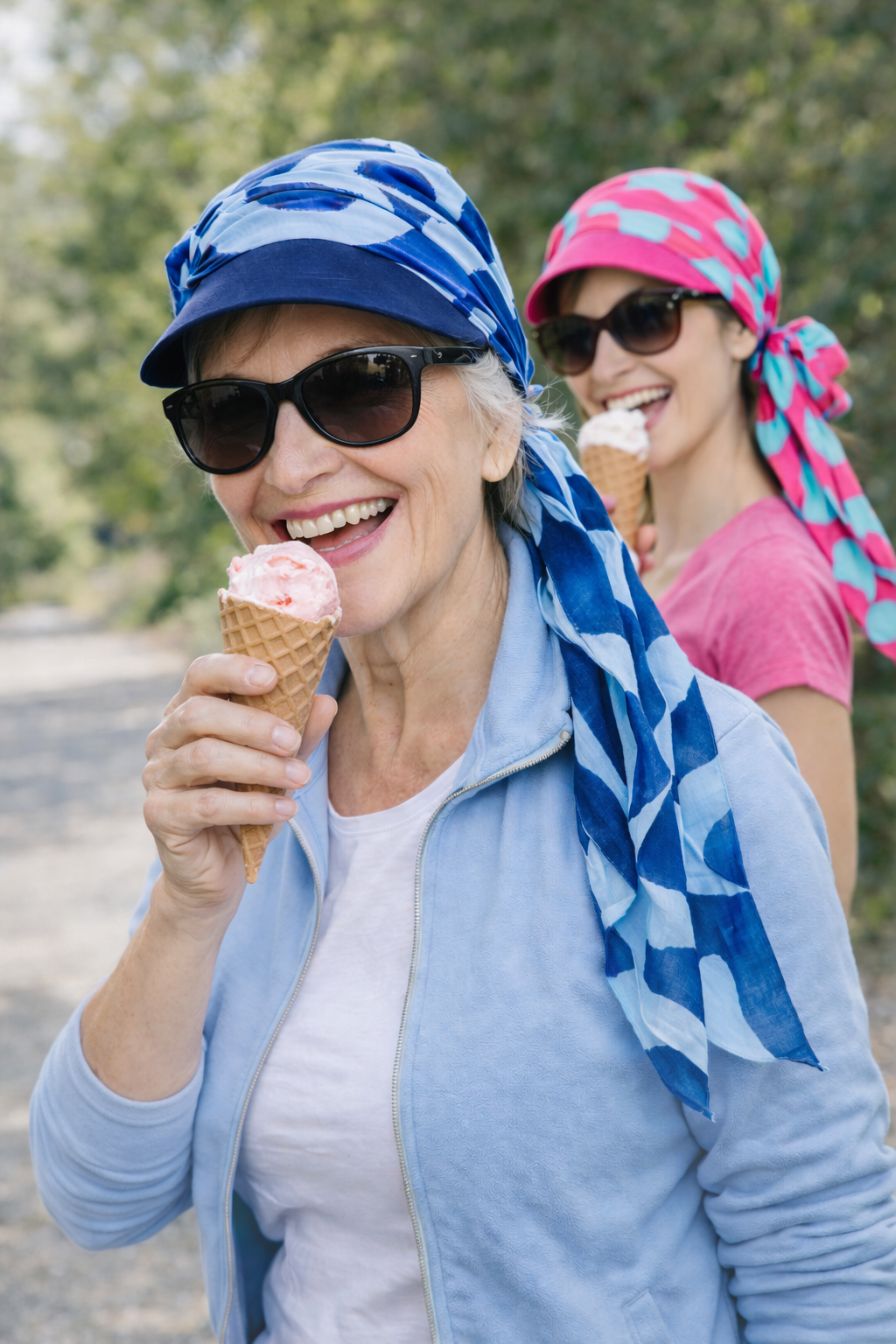 Ältere Frau mit Kopftuch mit Schirm fährt Fahrrad im Sommer und genießt Sonnenschutz.