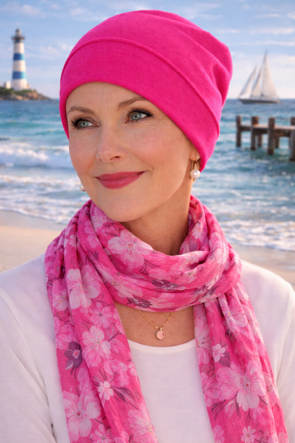 Frau am Strand mit pinker Sommermütze aus Baumwolle und floralem Halstuch, sommerlicher Look am Meer