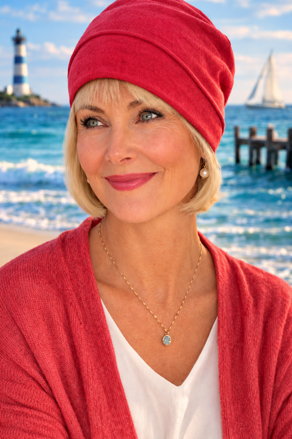 Frau mit roter Baumwoll Sommermütze und blondem Pagenkopf lächelt am Strand mit Leuchtturm im Hintergrund
