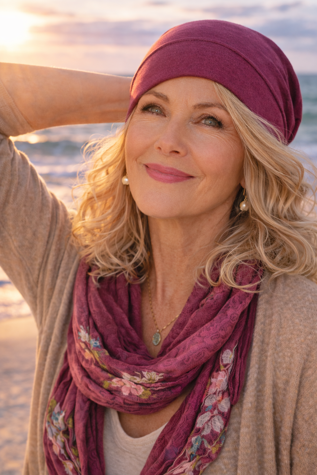 Frau mit Sommermütze Beanie aus Baumwolle lächelt am Strand mit Hand hinter dem Kopf