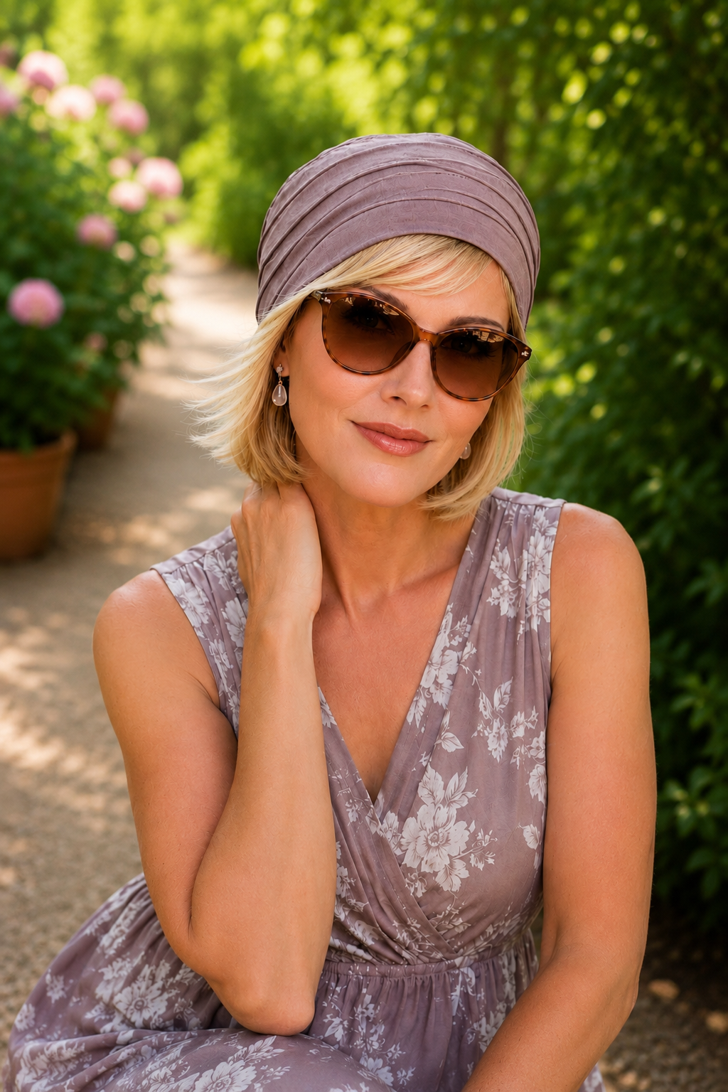 Ältere Frau mit taupefarbener Sommermütze im Turban-Stil und Sonnenbrille sitzt im sonnigen Garten und lächelt in die Kamera.
