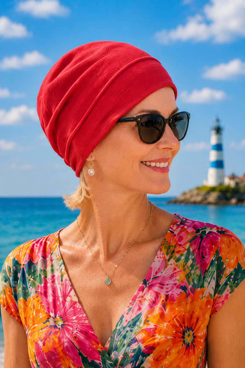 Dame mit roter Beanie Sommermütze aus Bio-Baumwolle am Meer – leichte, atmungsaktive Kopfbedeckung für Urlaub, Strand und sonnige Tage.