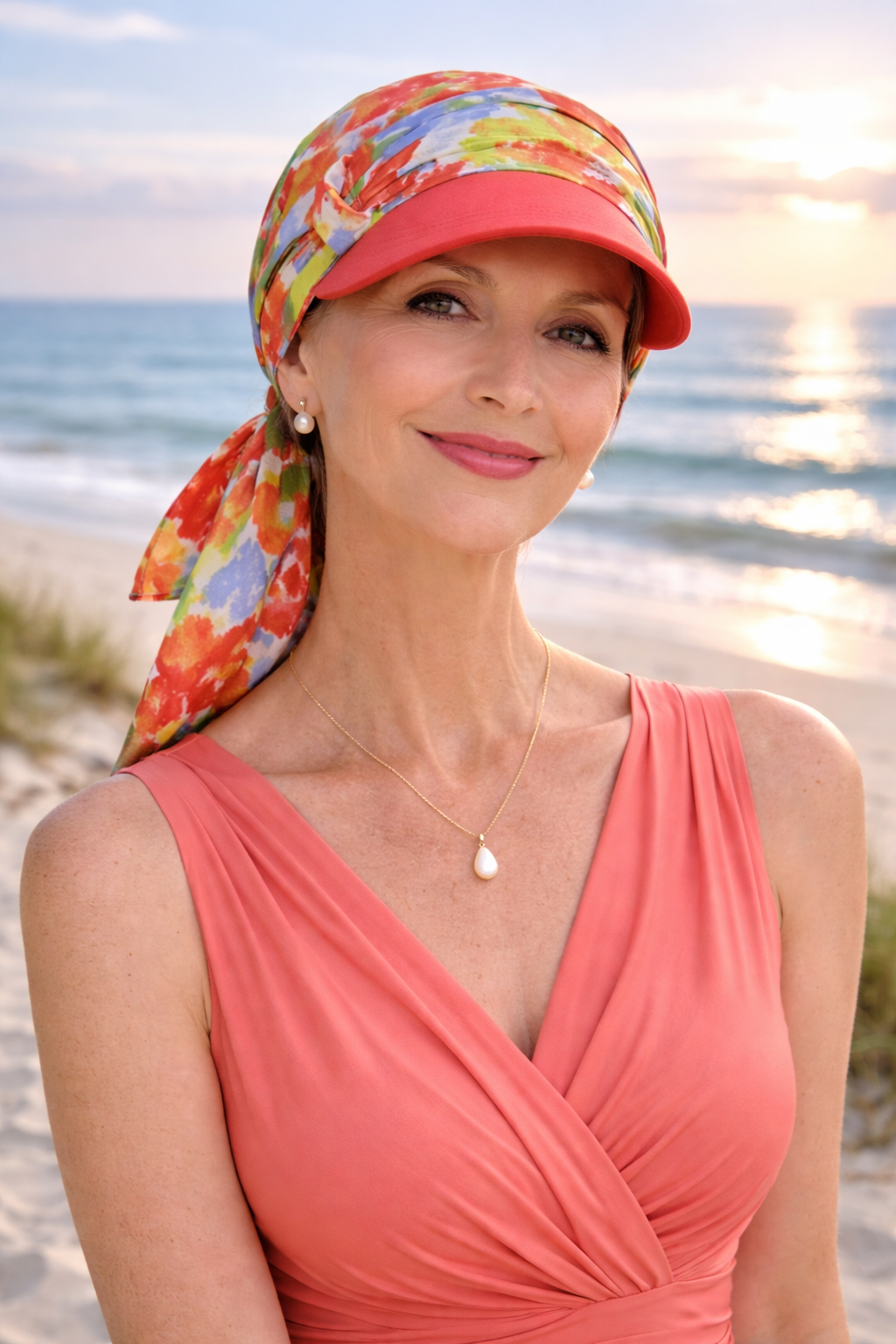 Sonnenkappe Damen „Summer Garden Mix“ mit locker im Nacken gebundenem Tuch am Strand