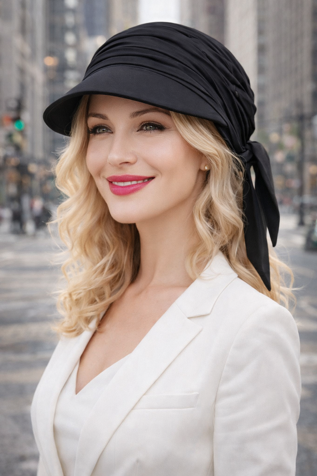 Frau trägt eine sportliche schwarze Sonnenkappe mit UPF 50+ Sonnenschutz in der Stadt, eleganter Look