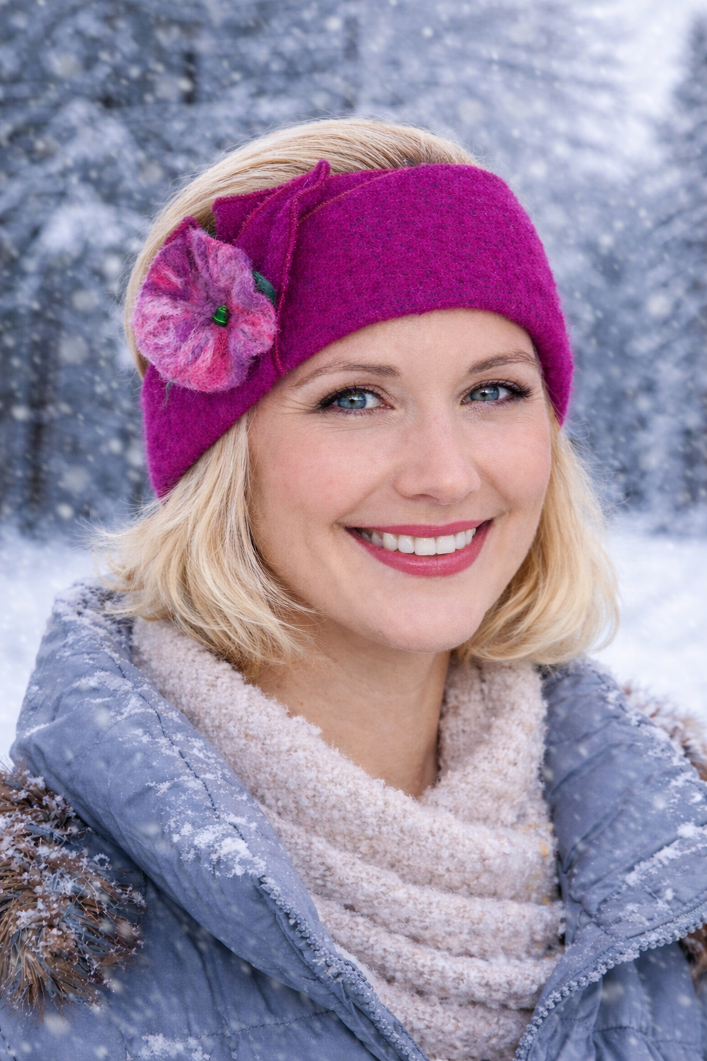 Gefilztes Stirnband für Damen aus Wolle mit Blütenapplikation, getragen im winterlichen Schnee