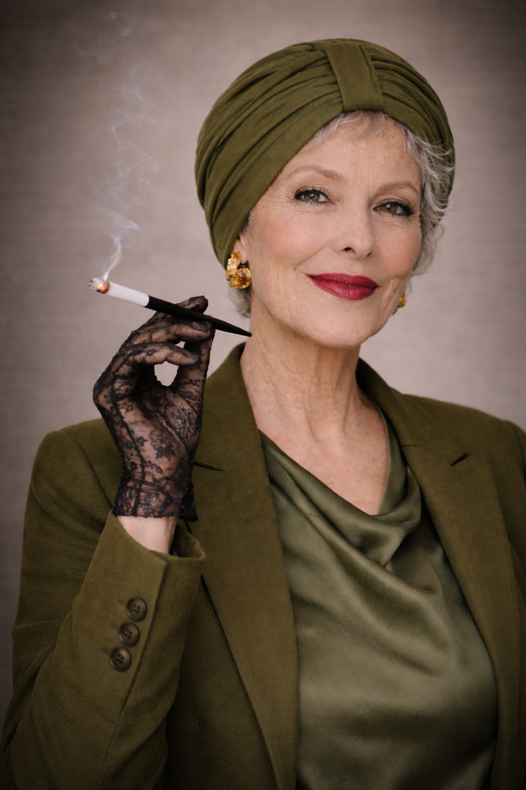 Frau trägt einen olivgrünen Turban in moderner Umgebung.