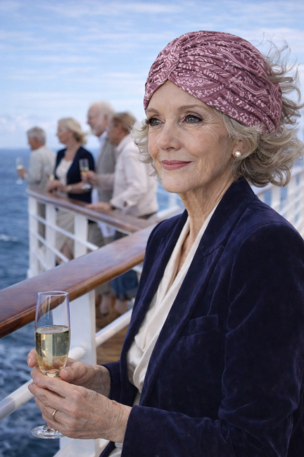 Elegante ältere Frau trägt Trendy Turban Mütze auf einer Kreuzfahrt bei Wind und Meerblick