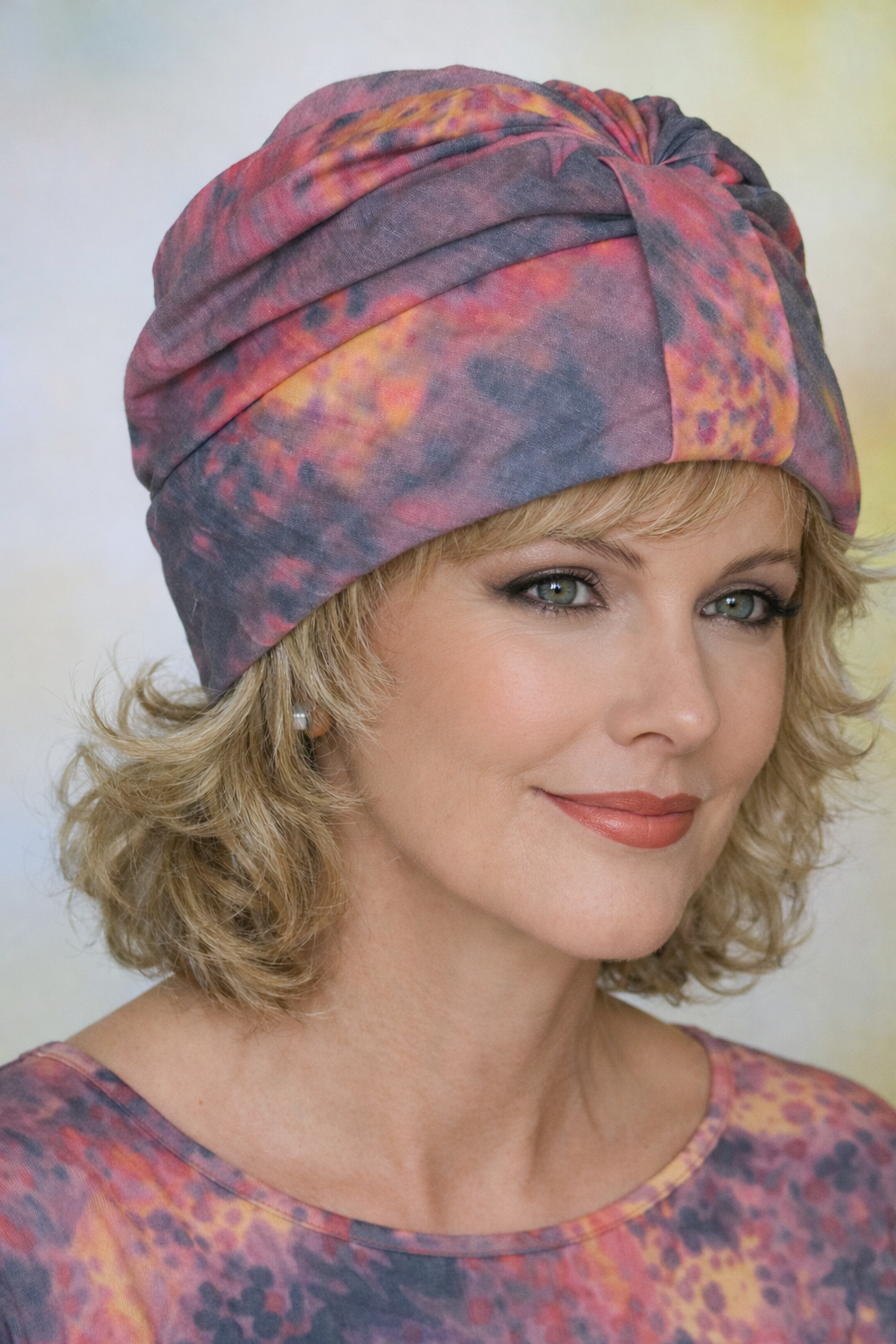 Stilvolle Dame trägt modische Turbanmütze im eleganten Lifestyle-Look