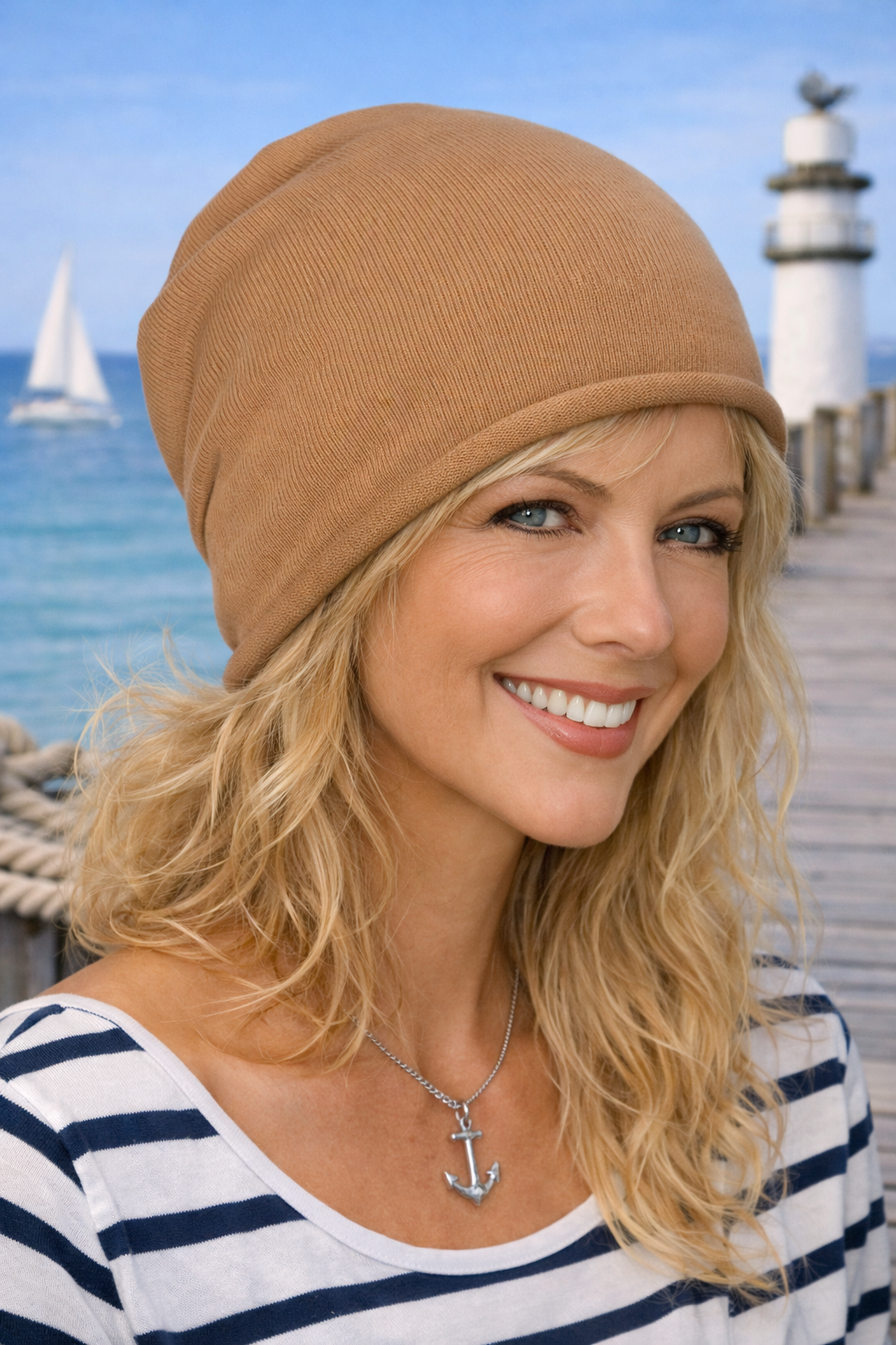 Frau mit Turbanmütze in Beige am Strand Kopfbedeckung für Damen